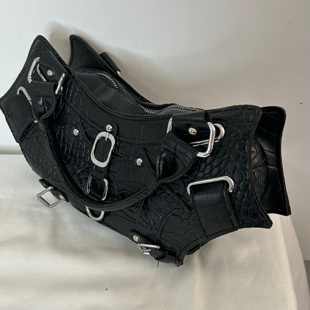 Black Croc Embossed Bat Wing Shoulder Bag Y2K Biker Goth Grunge Purse - Picture 2 of 12